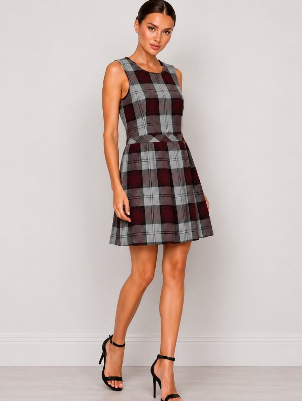 Plaid Pleated Dress Petite Zip Back Closure